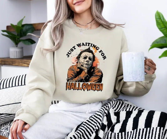 Just Waiting for Halloween Sweatshirt, Funny Halloween Sweatshirt, Spooky Summer Halloween, Retro Horror Characters Halloween Sweatshirt