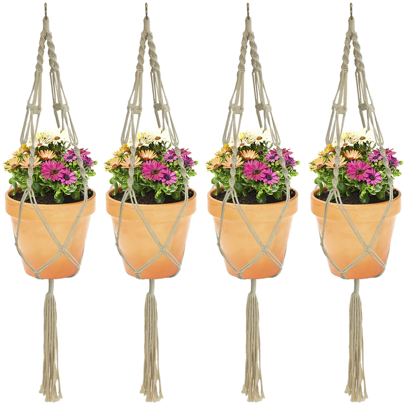 Macrame Plant Hanger Indoor Outdoor Hanging Plant Pots Cotton Rope, Elegant for Home, Patio, Garden, 4-Pack