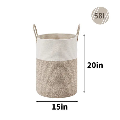 Large Laundry Hamper, Tall Woven Rope Storage Basket for Blanket , Toys, Dirty Clothes in Living Room, Bathroom, Bedroom,58L Cotton Organiser