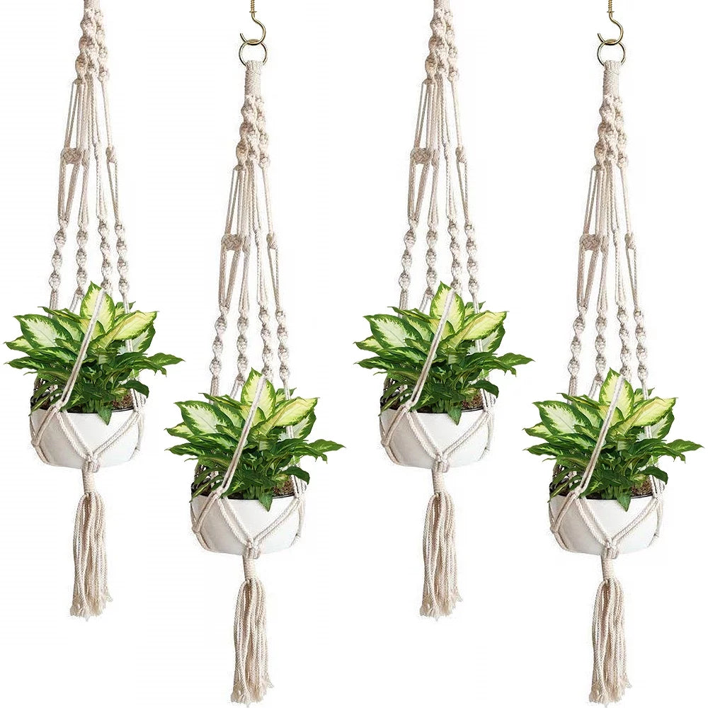 Macrame Plant Hanger Indoor Outdoor Hanging Plant Pots Cotton Rope, Elegant for Home, Patio, Garden, 4-Pack