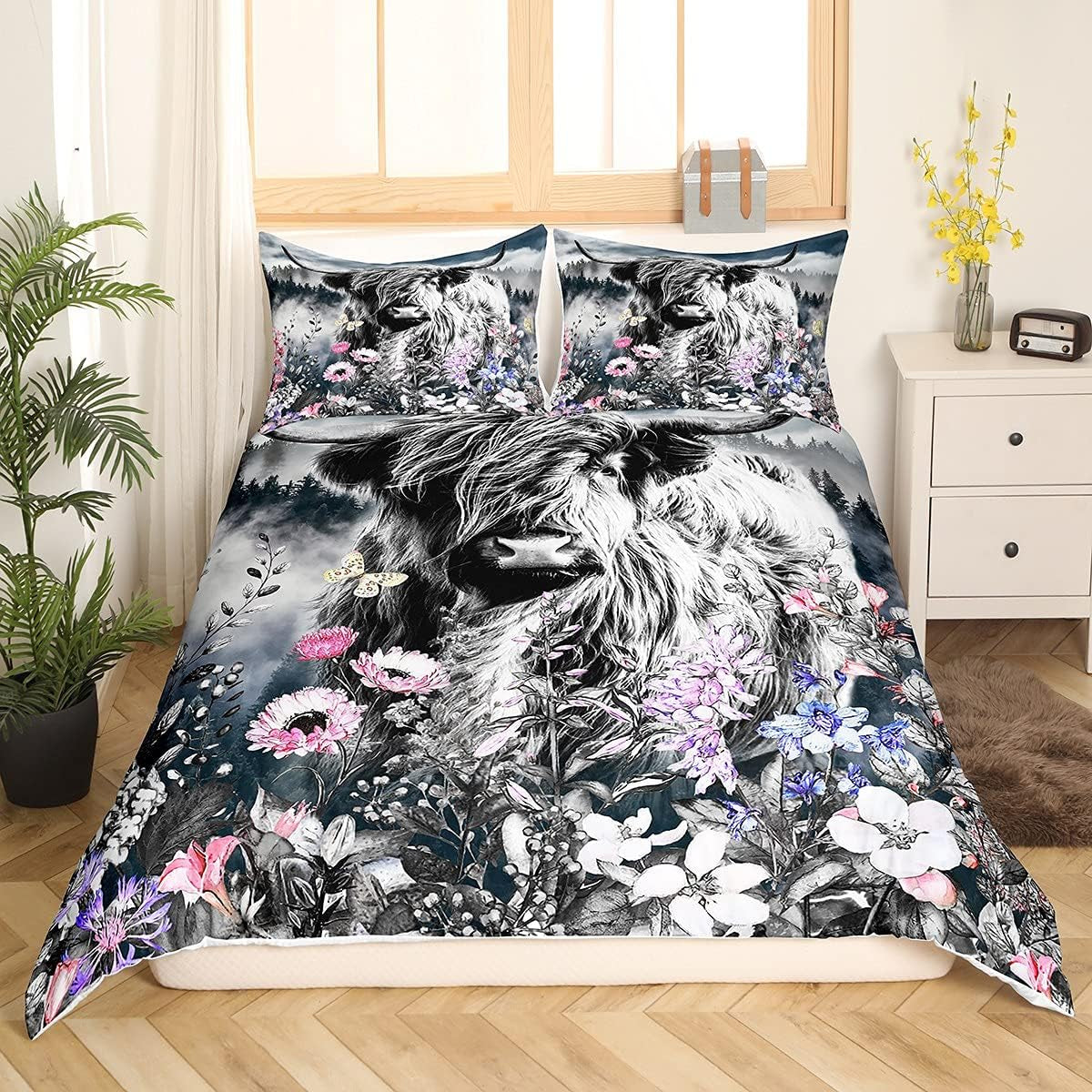 Highland Cow Flower Comforter Cover Twin Size Bull Cattle Smoky Mountain Bedding Set Western Funny Animal Duvet Cover Wildlife Farmhouse Cow Bed Set Grey Pineforest Bedroom Decor