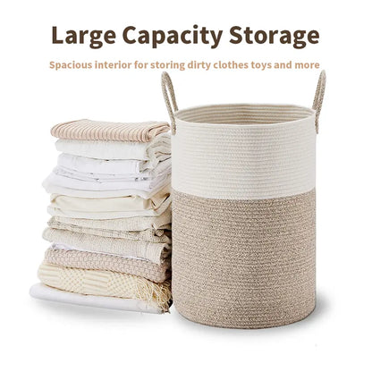 Large Laundry Hamper, Tall Woven Rope Storage Basket for Blanket , Toys, Dirty Clothes in Living Room, Bathroom, Bedroom,58L Cotton Organiser