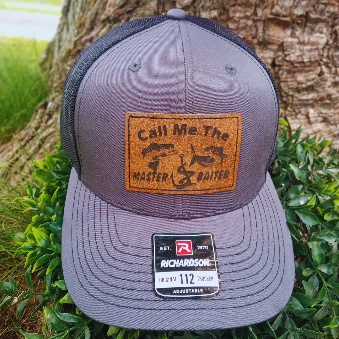 Men's Richardson leather patch hat with funny fishing logo