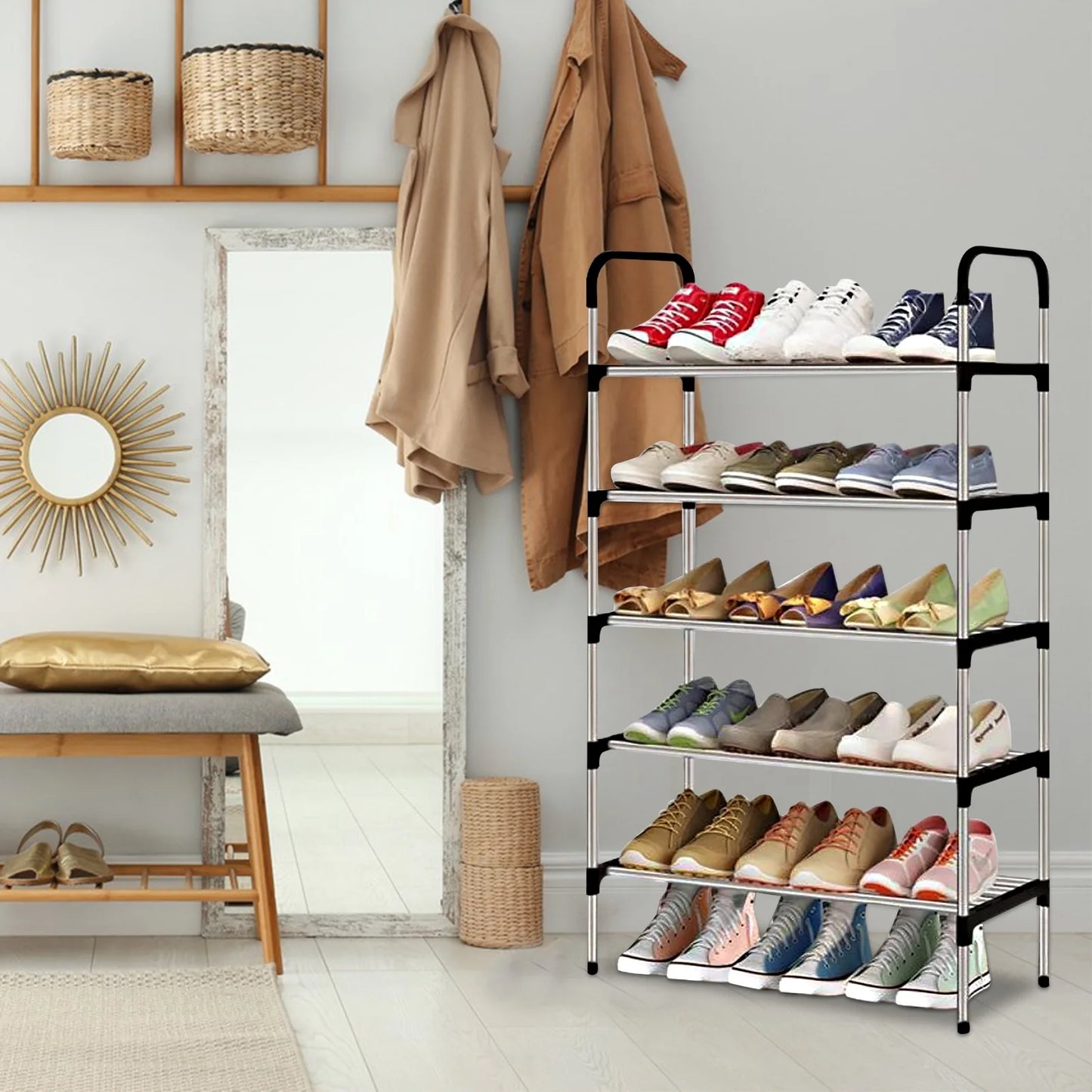 5 Tier Shoe Rack, Stackable Metal 15 Pairs Shoes Organizer Storage Shelf for Closet Door Entryway