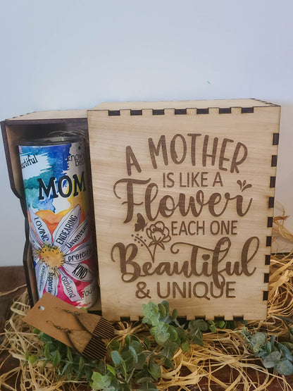 Mothers day gift box personalized with 20oz tumbler cup, wooden box and wooden earrings