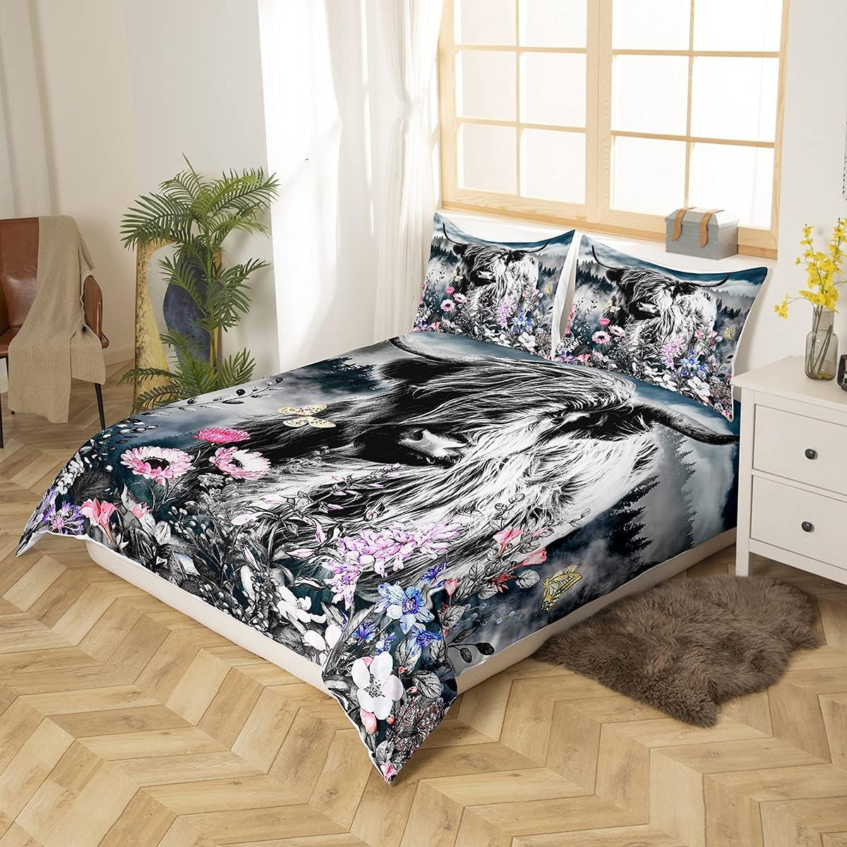 Highland Cow Flower Comforter Cover Twin Size Bull Cattle Smoky Mountain Bedding Set Western Funny Animal Duvet Cover Wildlife Farmhouse Cow Bed Set Grey Pineforest Bedroom Decor