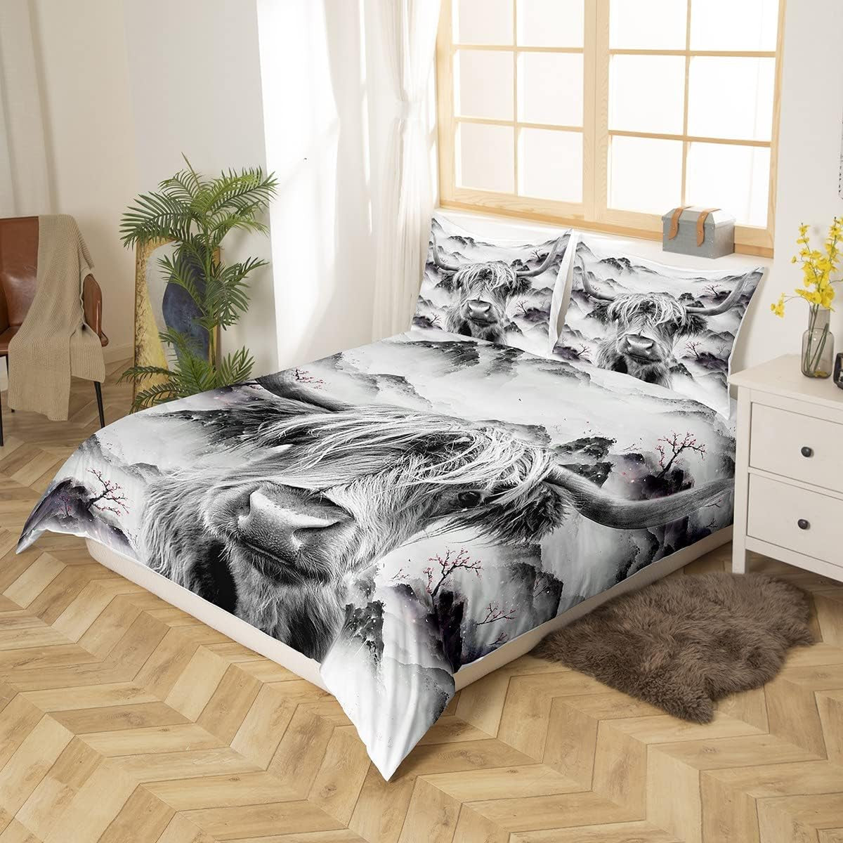 Highland Cow Comforter Cover Full Size Bull Cattle Bedding Set Western Funny Animal Duvet Cover Wildlife Farmhouse Cow Bed Set Mountain Ink and Water Painting Bedroom Decor