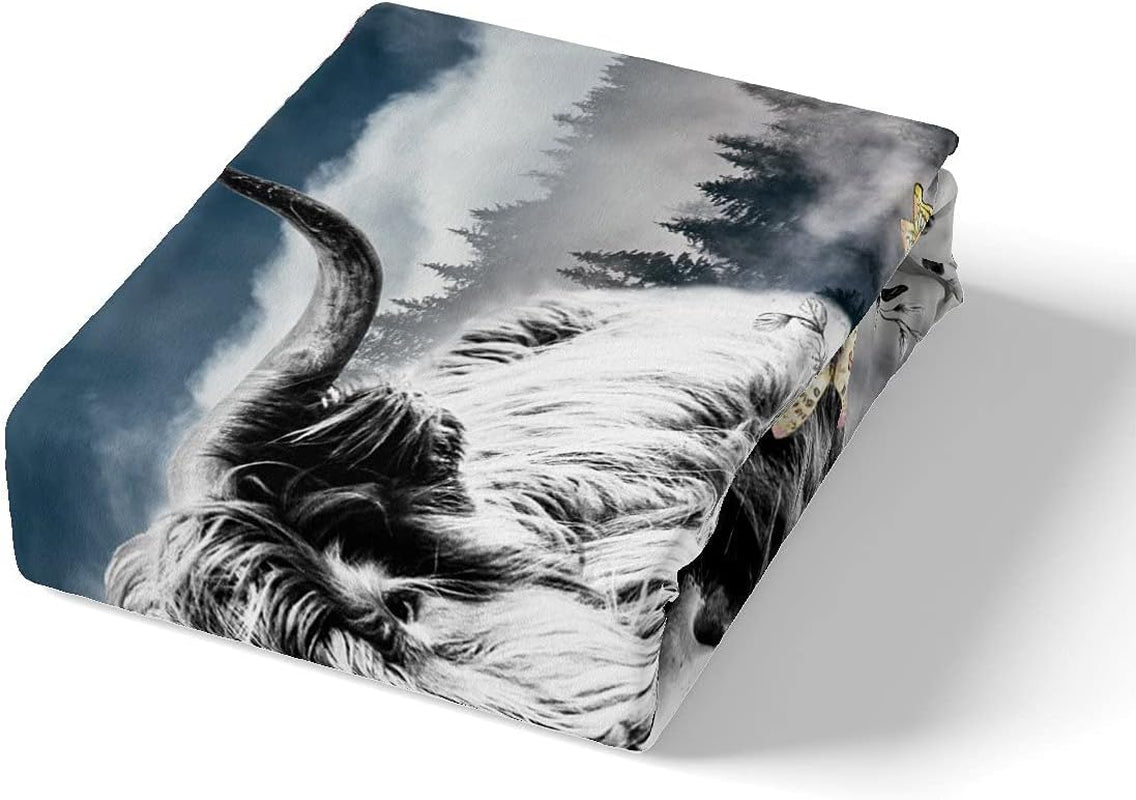 Highland Cow Flower Comforter Cover Twin Size Bull Cattle Smoky Mountain Bedding Set Western Funny Animal Duvet Cover Wildlife Farmhouse Cow Bed Set Grey Pineforest Bedroom Decor