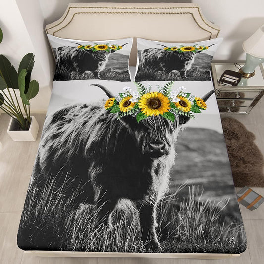 Highland Cow Fitted Sheet for Adult Women Sunflower Cow Print Bedding Sets Farmhouse Stuffed Wild Animal Cows with Gray Fur Fitted Bed Sheets, Not Include Flat/Top Sheet, Queen Size