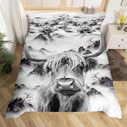 Highland Cow Comforter Cover Full Size Bull Cattle Bedding Set Western Funny Animal Duvet Cover Wildlife Farmhouse Cow Bed Set Mountain Ink and Water Painting Bedroom Decor