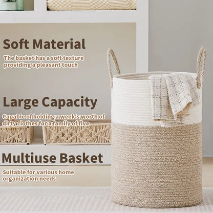 Large Laundry Hamper, Tall Woven Rope Storage Basket for Blanket , Toys, Dirty Clothes in Living Room, Bathroom, Bedroom,58L Cotton Organiser