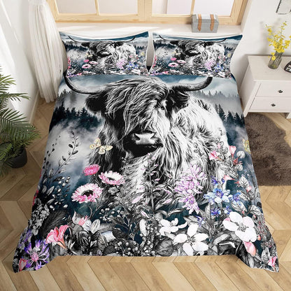 Highland Cow Flower Comforter Cover Twin Size Bull Cattle Smoky Mountain Bedding Set Western Funny Animal Duvet Cover Wildlife Farmhouse Cow Bed Set Grey Pineforest Bedroom Decor