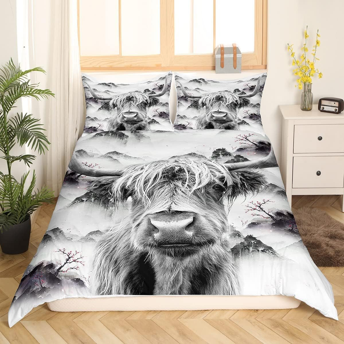 Highland Cow Comforter Cover Full Size Bull Cattle Bedding Set Western Funny Animal Duvet Cover Wildlife Farmhouse Cow Bed Set Mountain Ink and Water Painting Bedroom Decor