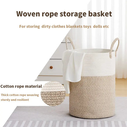 Large Laundry Hamper, Tall Woven Rope Storage Basket for Blanket , Toys, Dirty Clothes in Living Room, Bathroom, Bedroom,58L Cotton Organiser