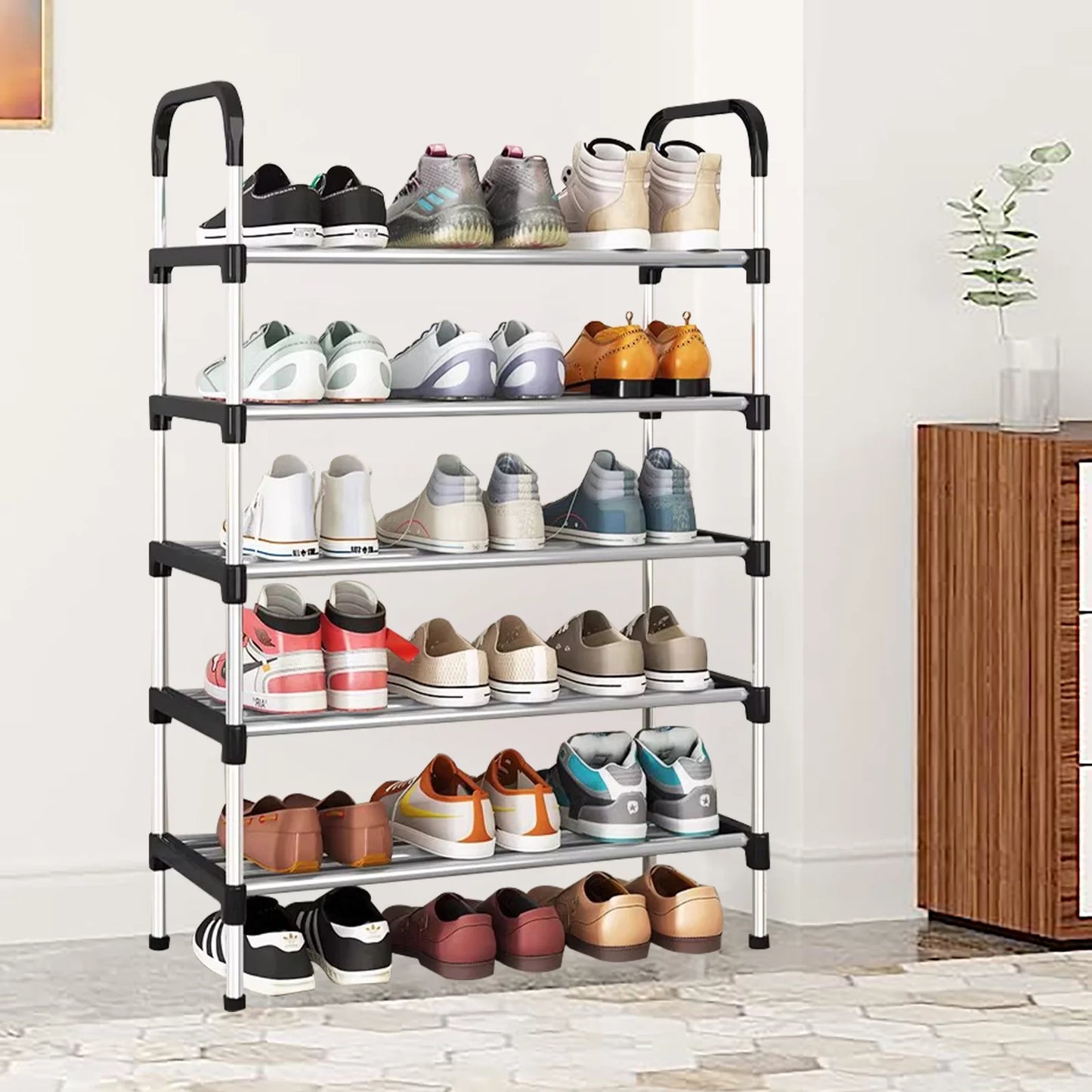 5 Tier Shoe Rack, Stackable Metal 15 Pairs Shoes Organizer Storage Shelf for Closet Door Entryway