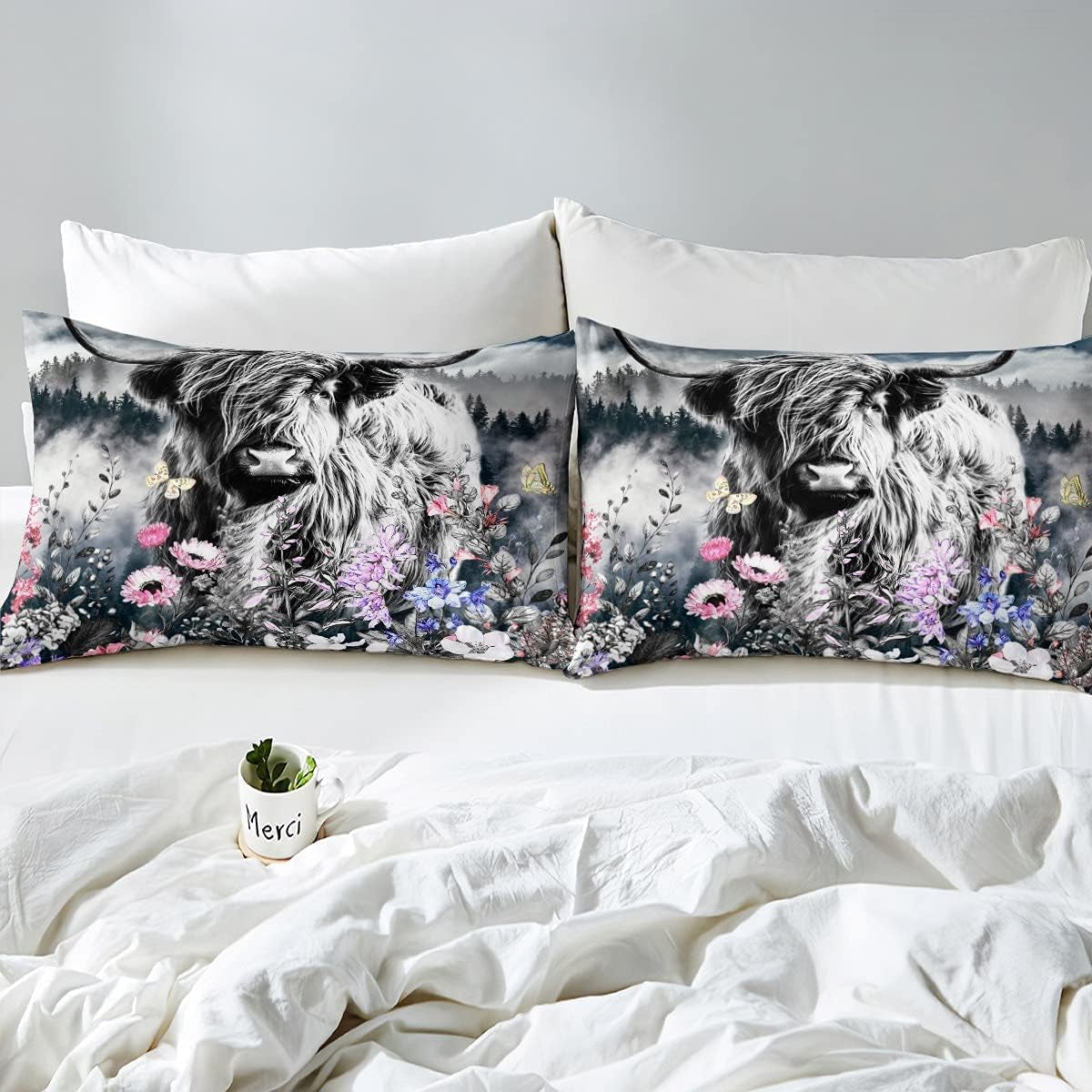 Highland Cow Flower Comforter Cover Twin Size Bull Cattle Smoky Mountain Bedding Set Western Funny Animal Duvet Cover Wildlife Farmhouse Cow Bed Set Grey Pineforest Bedroom Decor