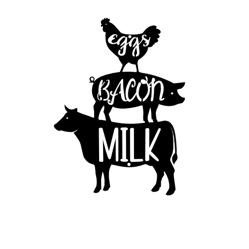 Eggs bacon milk farm animal kitchen sign.